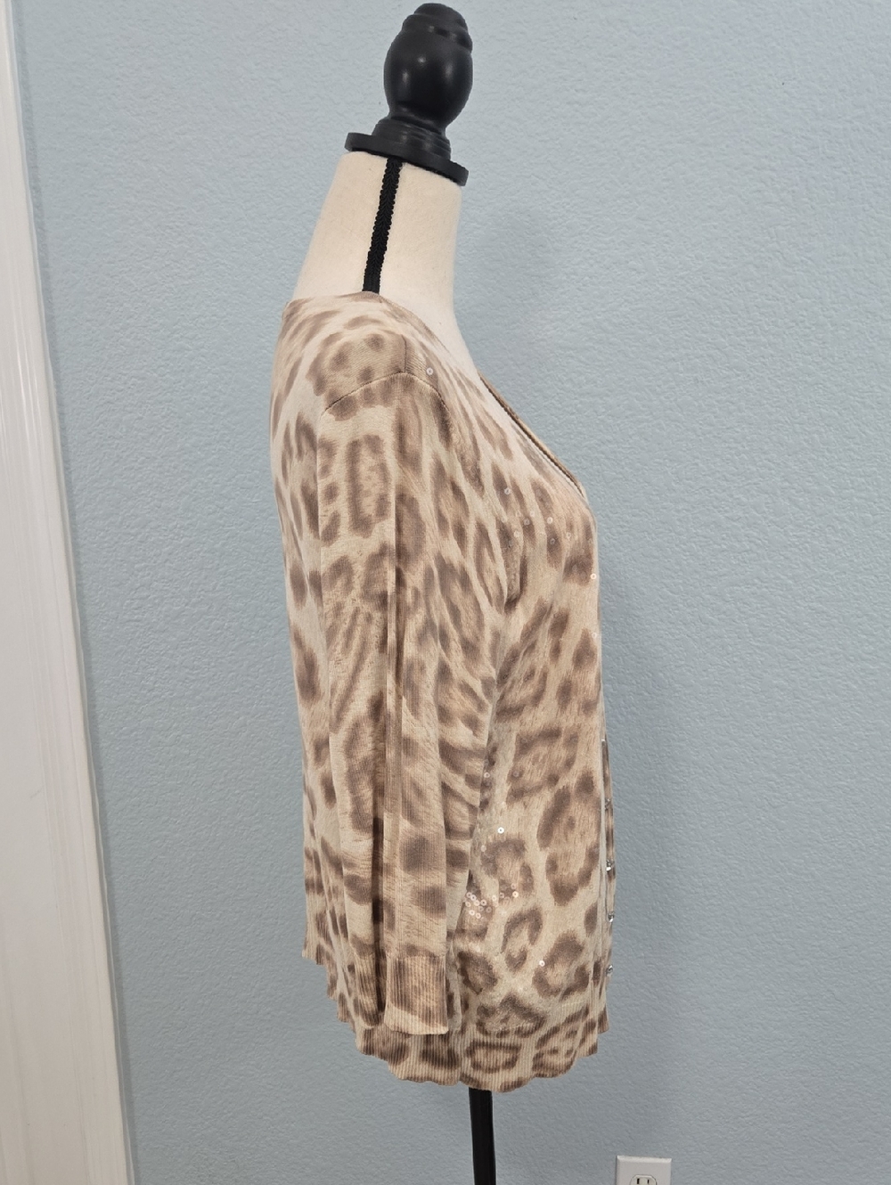 INC Cheetah Sequined Cardigan Deep V Sweater 3/4 Sleeves Sparkle Buttons Sz 1X - Picture 6 of 8